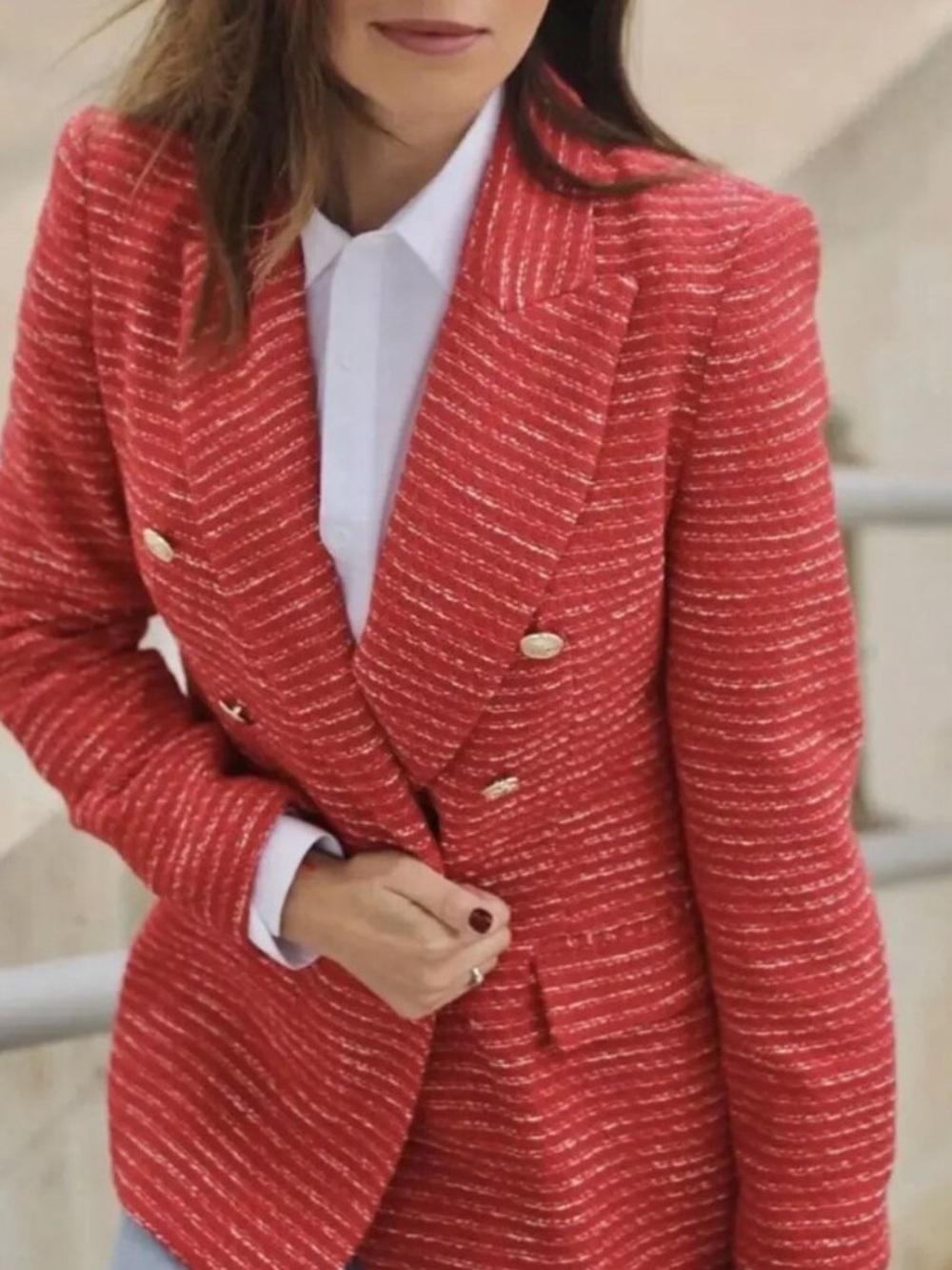Zara Textured Double Breasted Red Tweed Lady Day Gold Button Blazer Jacket